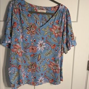 LOFT Light Blue Floral V-Neck Short Sleeve Top